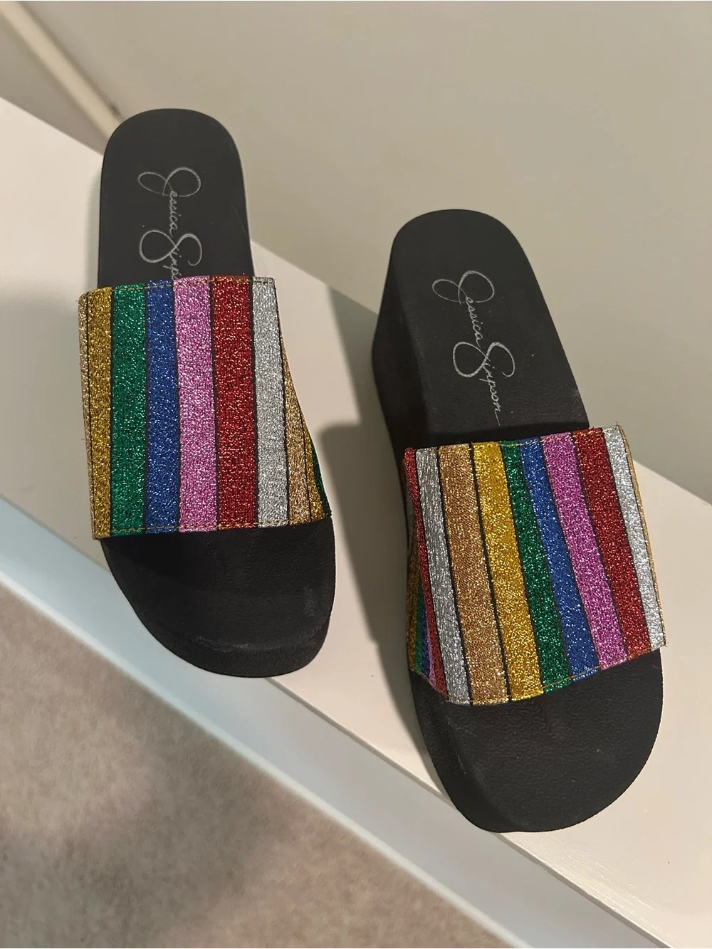 Jessica Simpson Multicolor Glitter Stripe Slide Sandals size 7